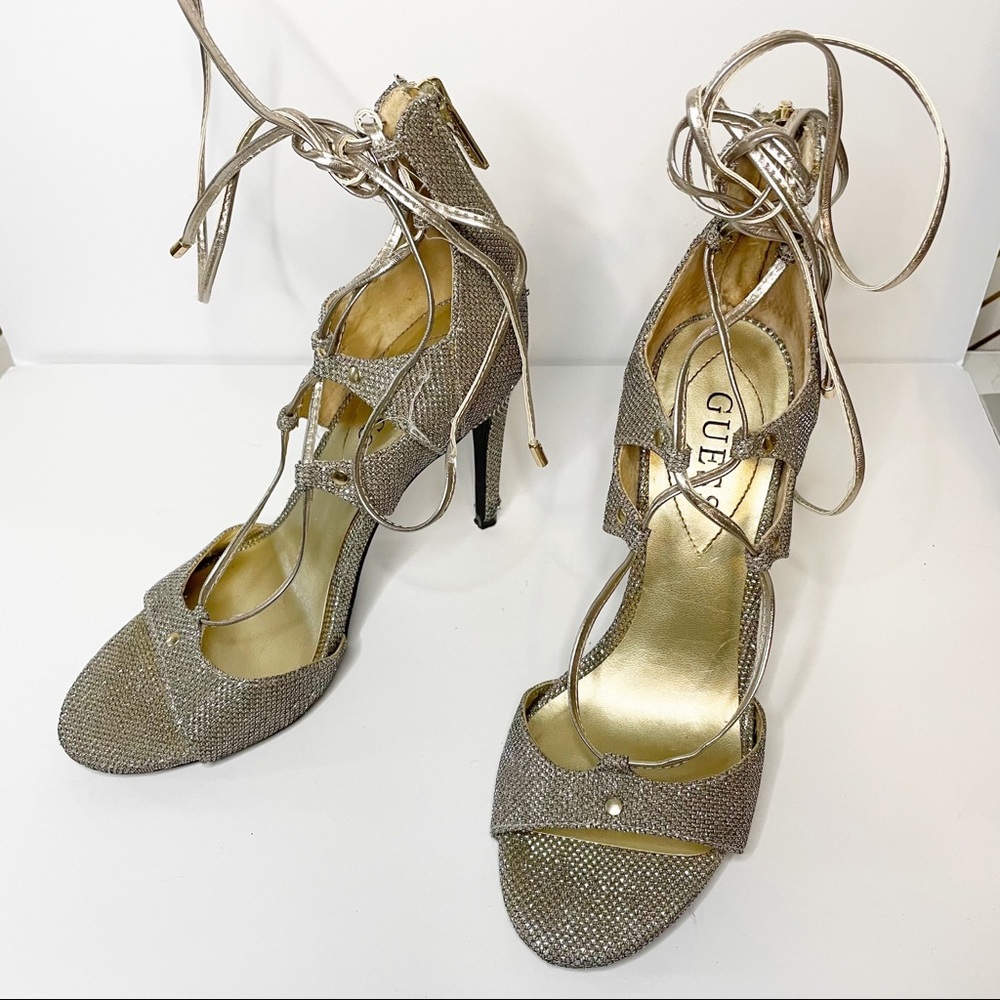 Guess Glitter Open Toe Gladiator Wrap Heels